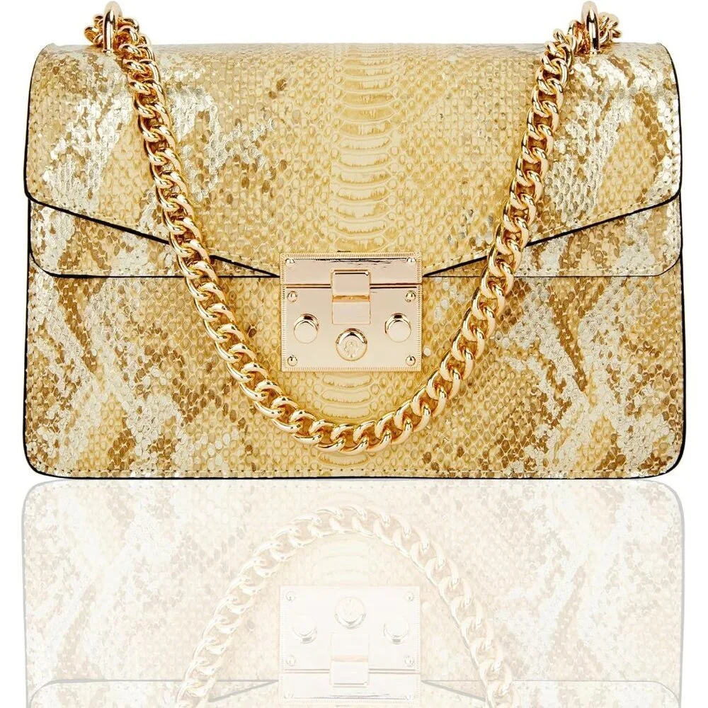 ⚡ Women's Fashion Snake Gold Vegan Leather Print Casual Satchel Crossbody Bag